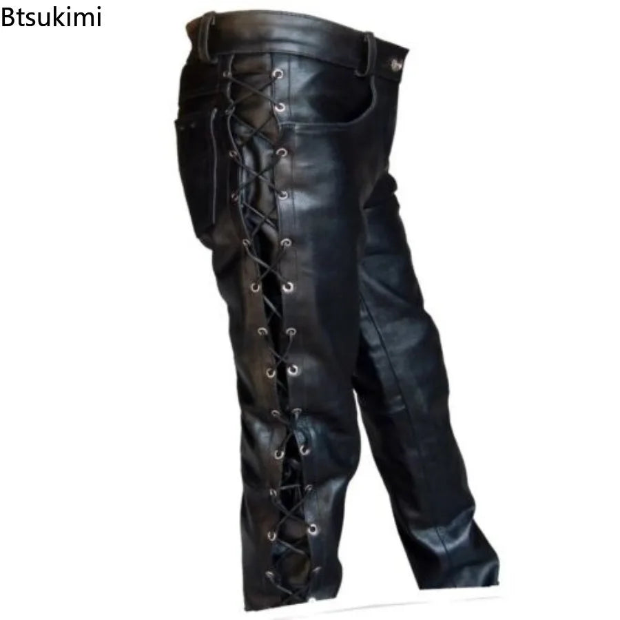 Men's Black PU Leather Side Laces Up Punk Style Long Pant Motorcycle Leather Trousers Leather Motorcycle Four Seasons Pants Male