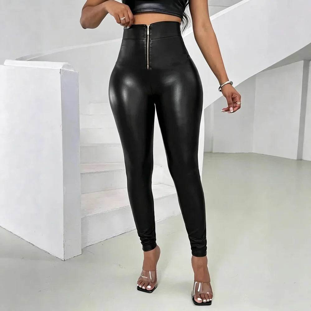 Women High Waist Tummy Control Butt Lift PU Leather Leggings Outwear Skinny Pants Casual Trousers Streetwear