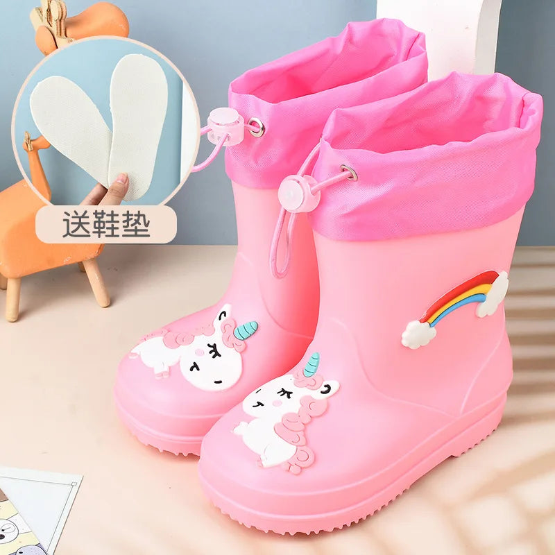 New Kids Rain Boots Boys Girls Rainbow Water Shoes Toddlers Garden Shoes Kids Cartoon Drawstring Non-Slip Rain Boots Comfortable
