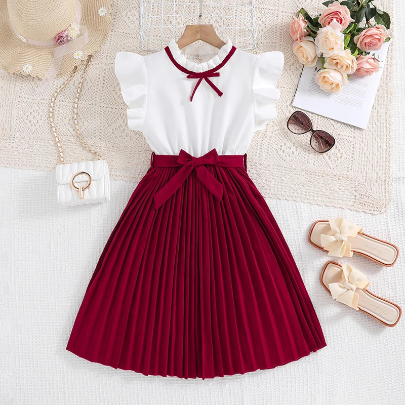 Kids Dresses for Girls 8-16 Years White Small Flying Sleeves Pleated Skirt Korean Style Elegant Daily Teenager Princess Dress