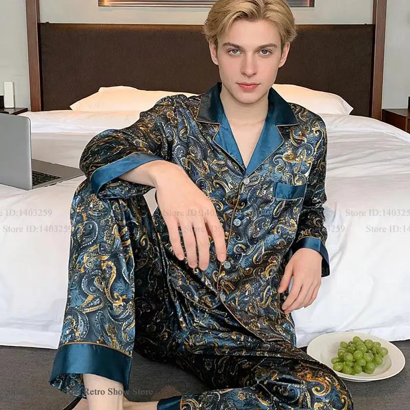 Plus Size Men's Pajamas 2PCS Sleepwear Set Fashion Print Silk Satin Trouser Pijamas Suit Spring New Male Home Clothes Loungewear