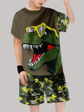 Boys 2Pcs Summer Outfit Graffiti Dinosaur Print Short Sleeve T-Shirt + Shorts Set  Casual Sportswear Kids Streetwear Tracksuit