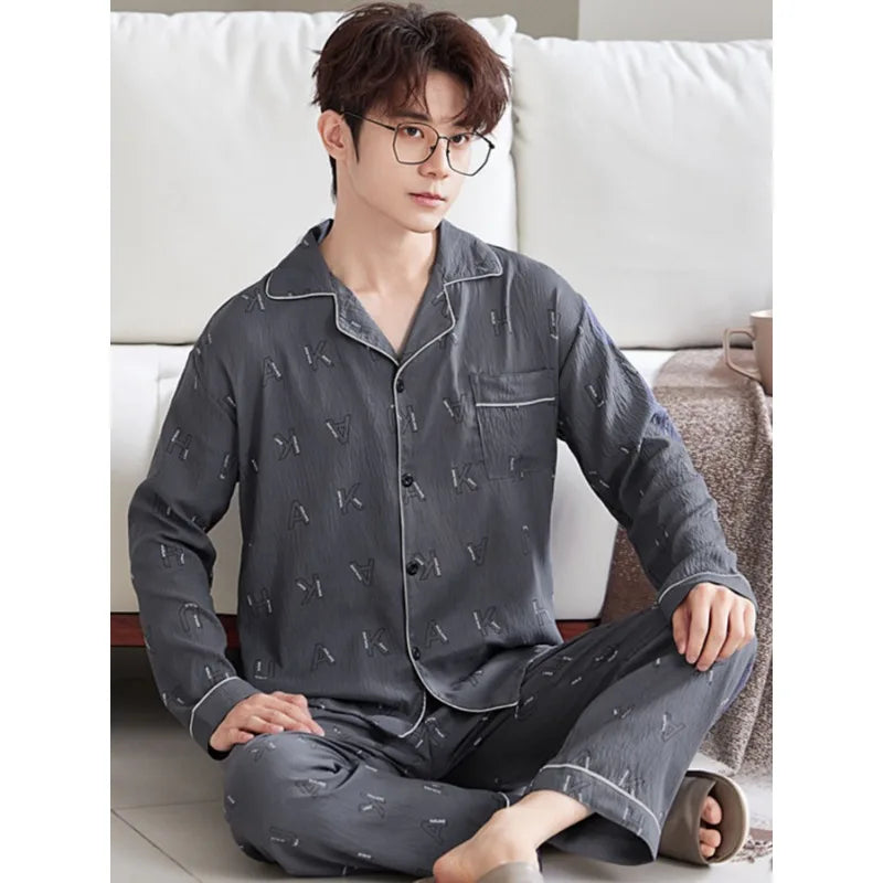 Men's Pajama Set for Spring & Autumn, Simple All-Match Long Sleeve & Long Pants Loungewear, Fashion Handsome Daily Homewear