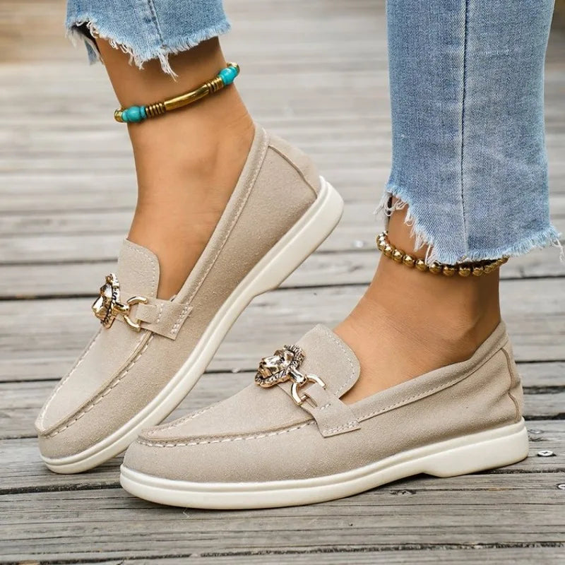 Women Loafers Casual Shoes Suede Flats Lion Head Metal Buckle Slip On Moccasins Ladies Comfortable Walking Driving Shoes New2026