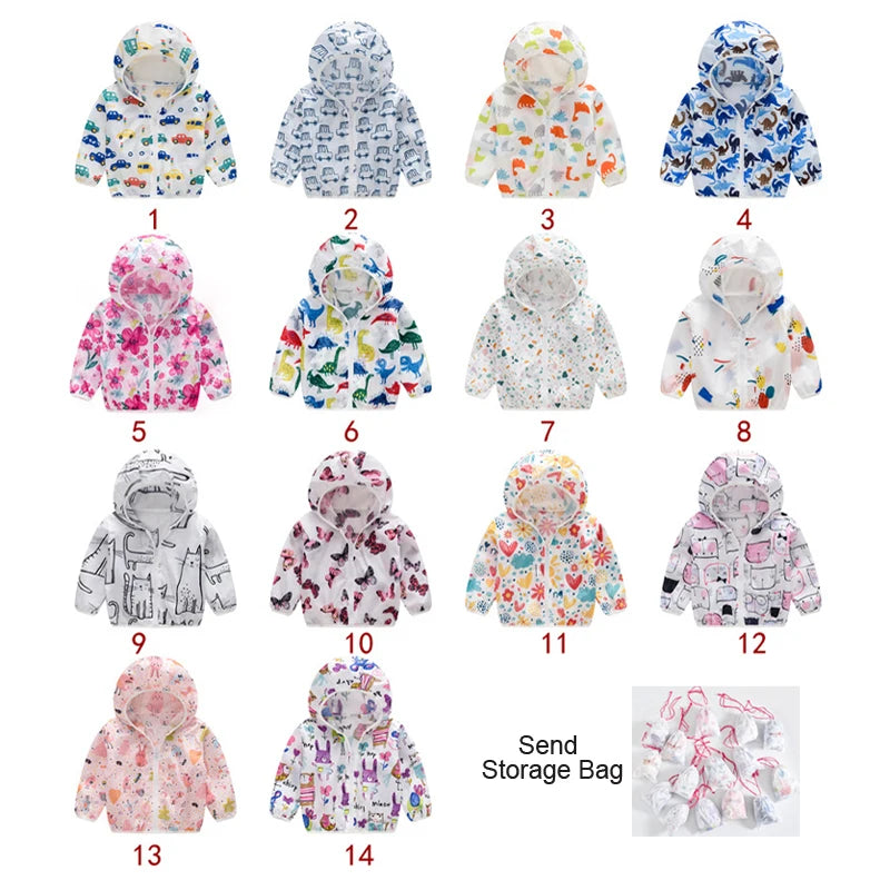 Summer Sun Protective Baby Jackets Thin Hooded Kids Coats Cartoon Children Outerwear Clothing for Girls Boys with Storage Bag