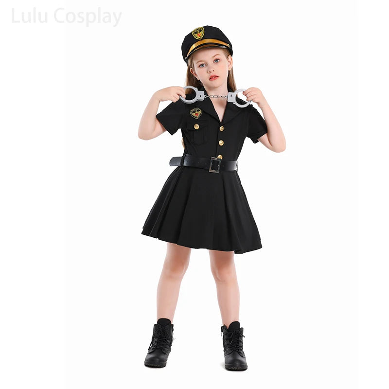 Kids Police Uniforms Dress Girl Dresses Halloween Cosplay Costumes Cap Belt 3Pcs Set Carnival Party Role-play Performance Dress