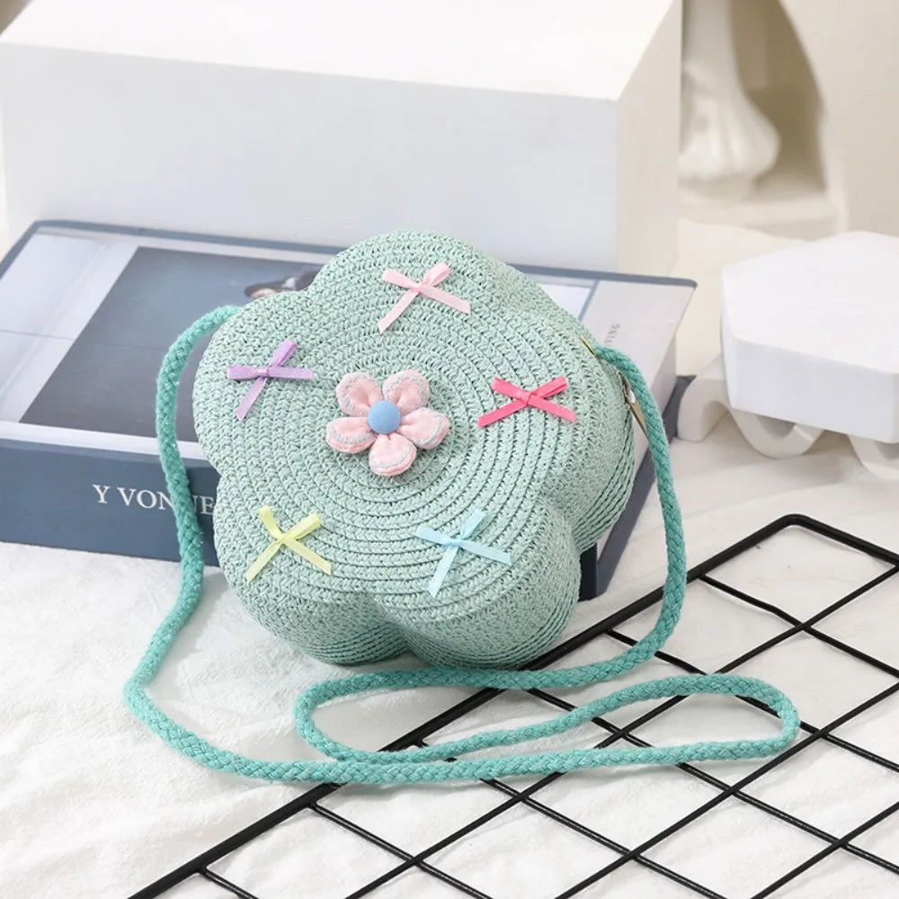 Cute Summer Children Girls Shoulder Bag Flower Bow Handmade Straw Baby Bags Messenger Bag Kids Keys Coin Purse Cute Mini Handbag