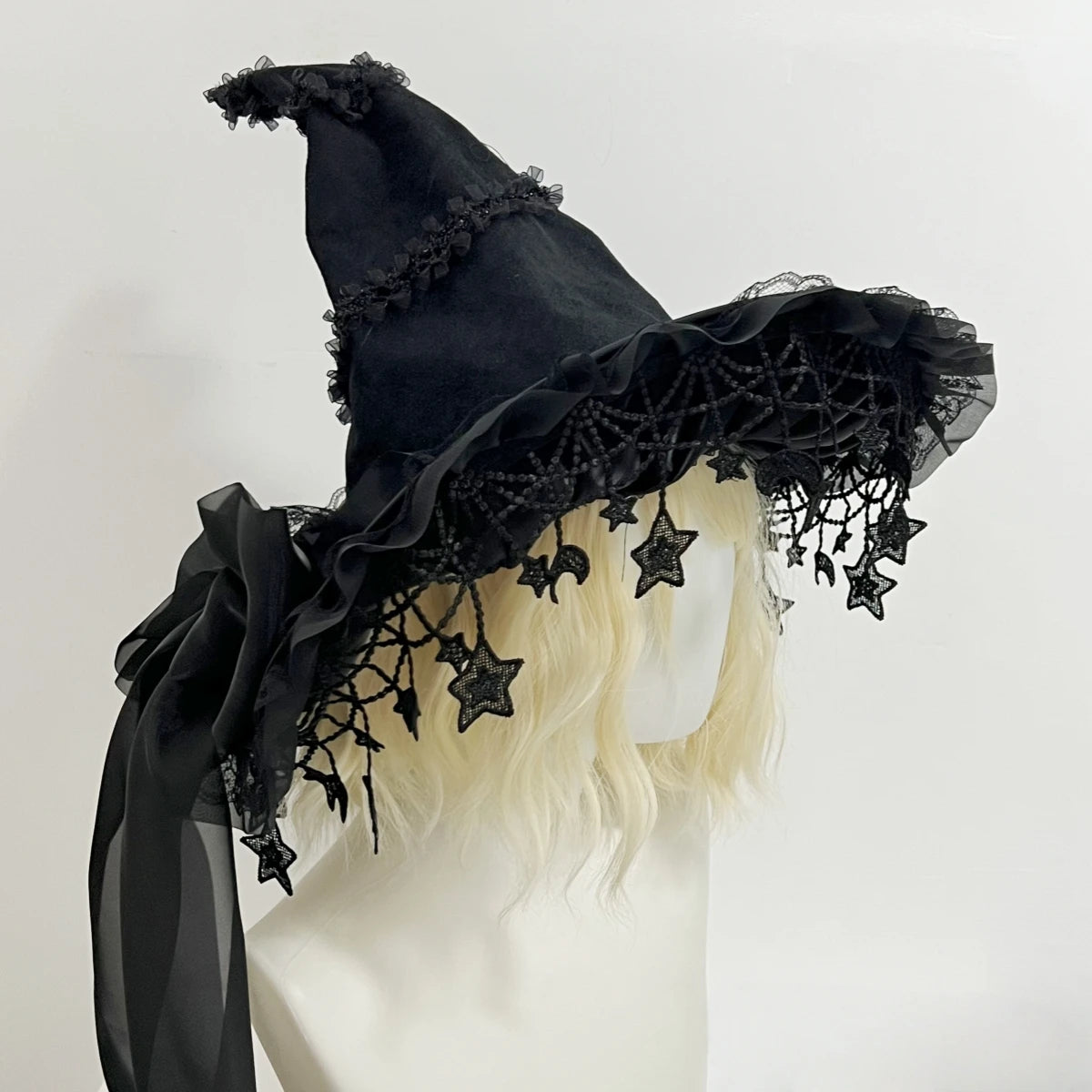 Harajuku Halloween Witch Hat  Women’s Girls Gothic Handmade Bowknot Fleece Lace Lolita Ladies Wizard Hat