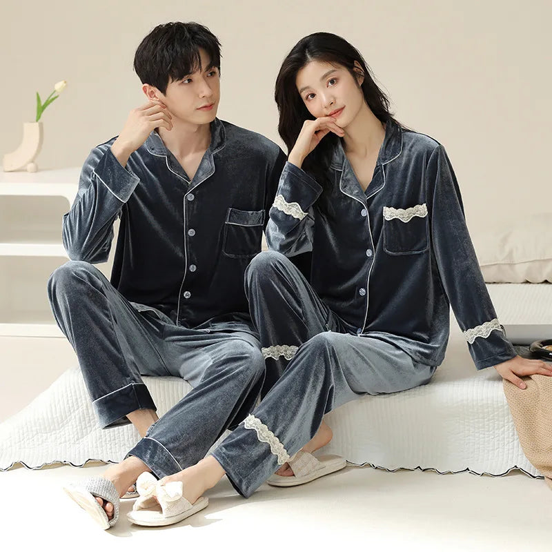 New Couple Pajamas for Women Spring Autumn Winter Gold Velvet Red Bridal Wedding Home Suit Set for Men and Women Set