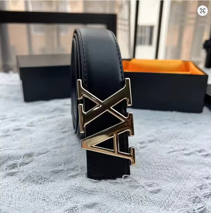 Men's  Belt with Silver A - Shape Automatic Buckle, Slim Business Casual Waist Strap for Dress Pants, Black