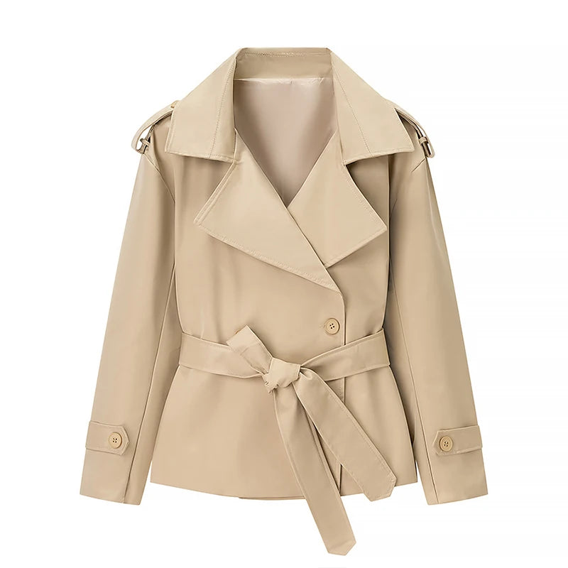 Elegant Lapel Lace Up Women's Windbreaker Solid Loose Full Sleeve Belt Double Breasted Coats Female 2026 Spring Female Jackets