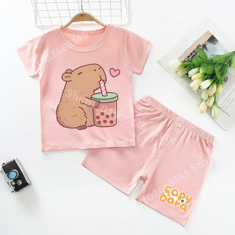 Capybara Kids Pajamas Shorts Set Summer New Capibara Home Clothes Boys Girls Anime Nightwear Pants Children Short Sleeve Gift