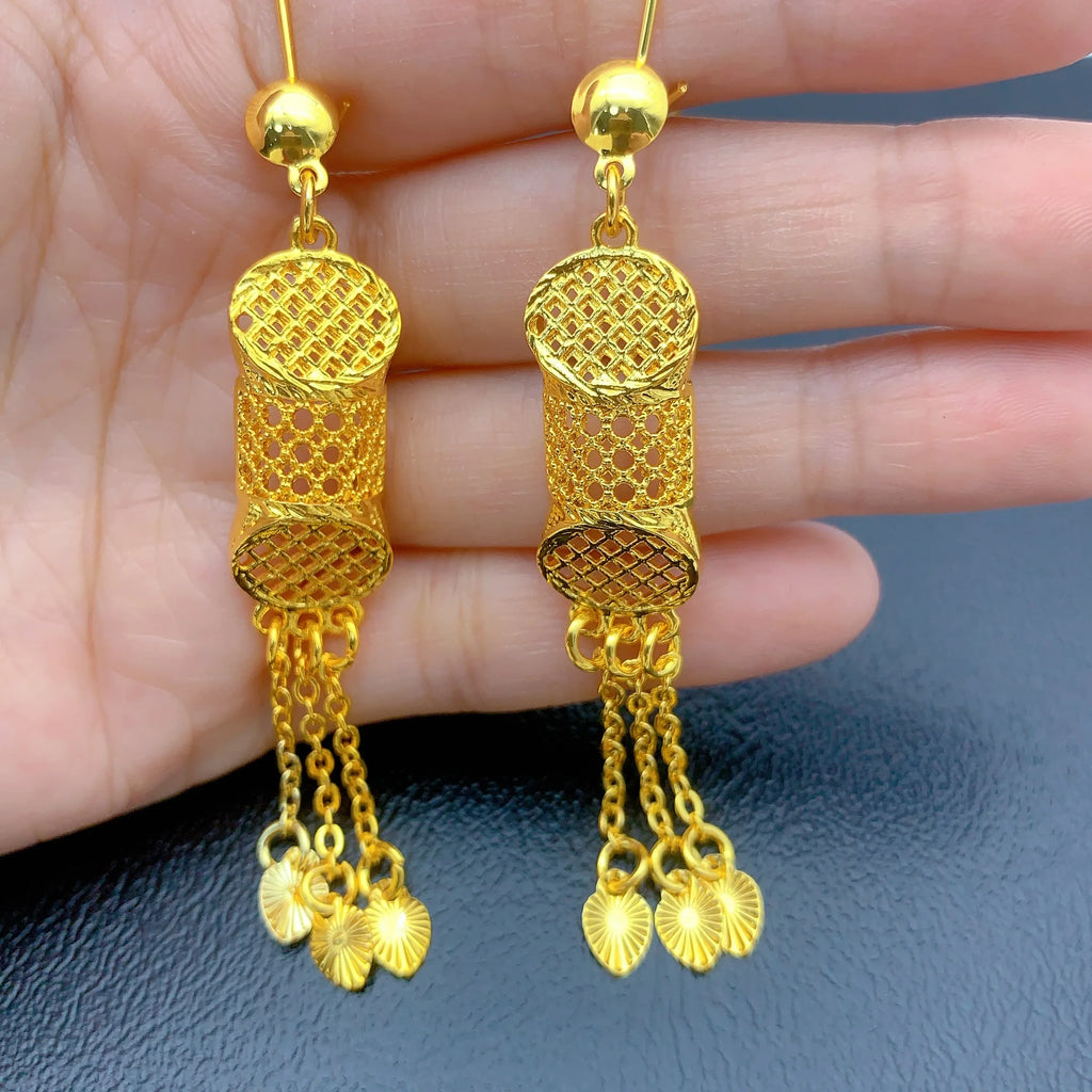 Dubai Jewelry Sets for Women Tassel Pendant Necklaces Earrings 4 Pieces Set 24K Gold Color Eritrean Wedding Party Gifts