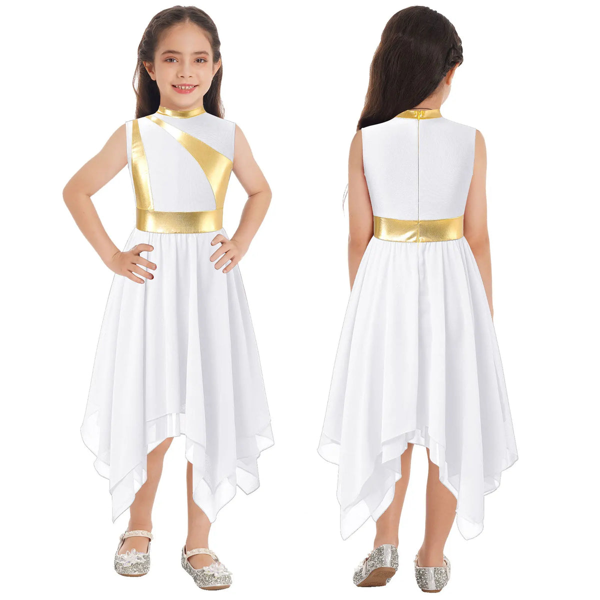 Kids Girls Modern Lyrical Dance Dress Liturgical Worship Praise Church Choir Robe Shiny Sequins Bodice Sheer Mesh Tunic Dresses