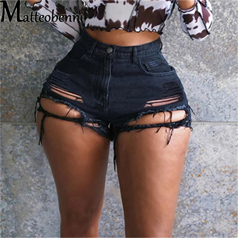 Fashion Sexy High Waist Ladies Denim Shorts New Summer New Women's Ripped Hollow Out Hole Streetwear Shorts Jeans