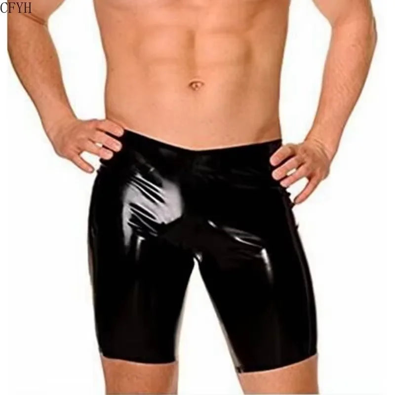 Men Fitness Sports Shorts Men Leather Black Running Training Pants Faux Leather Shorts Wet Look Slim Shorts Clubwear