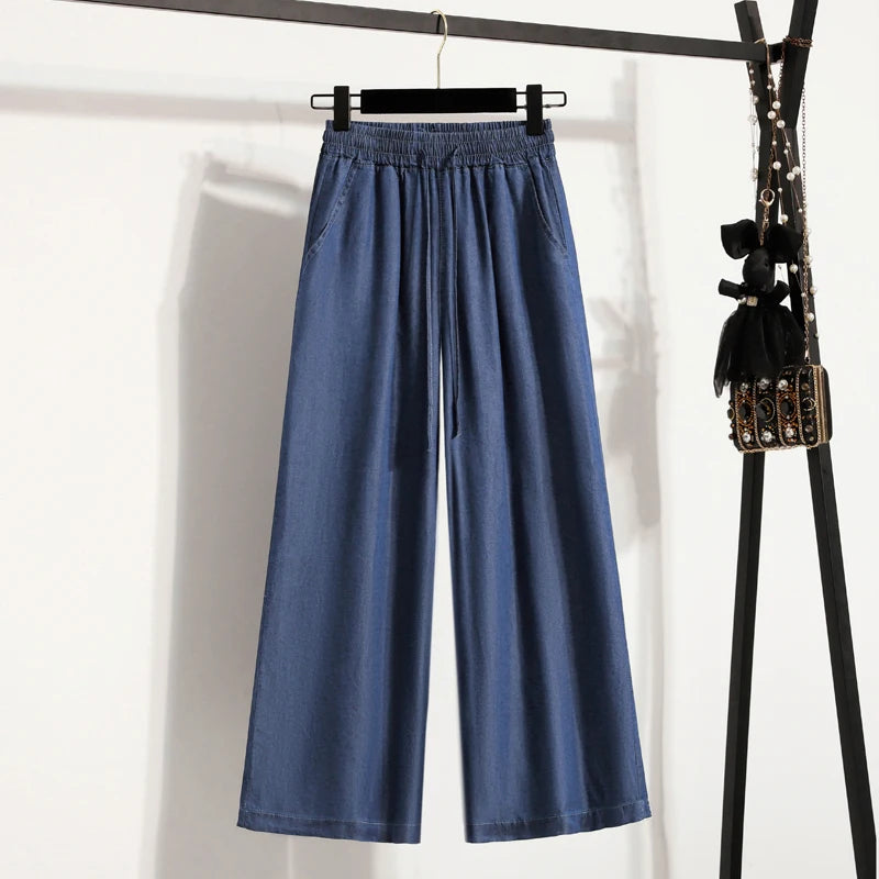 Women's Summer Slim Straight Leg Jeans Wide Leg Ice Silk Casual High Waist Trousers Cotton Polyester Blend No Ironing Needed