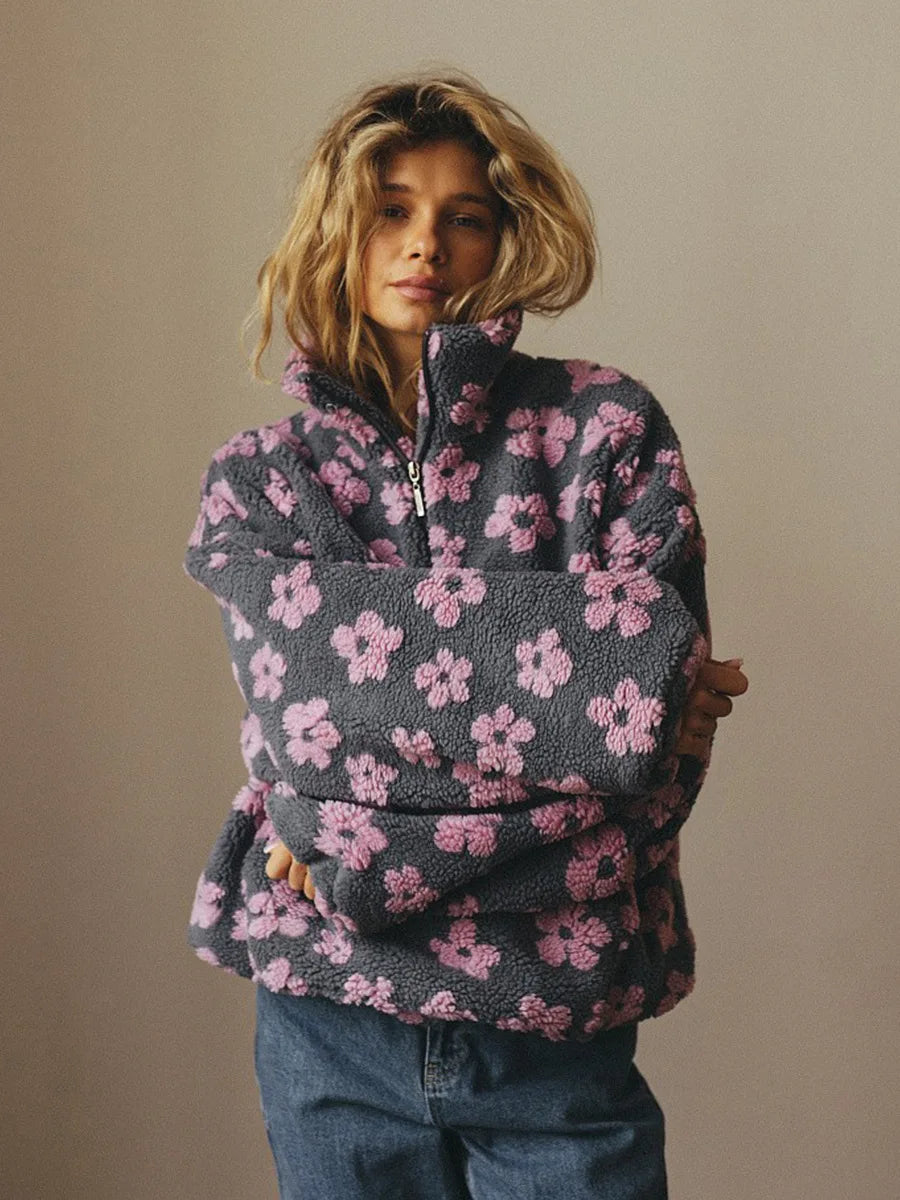 2025 Autumn/Winter New Fashionable Warm Plush Hoodie With Casual Flower Print Loose High Collar Loose Long Sleeve Fleece Hoodie