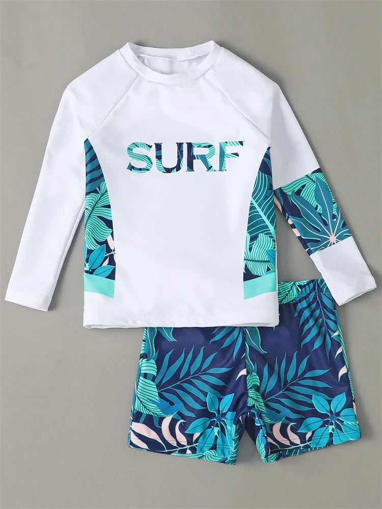 Boy Swimsuit 2026 New Leaves Print Long Sleeve Children Swimwear Summer Two Piece Kids Beach Wear Swimming Bathing Suit Boys Men