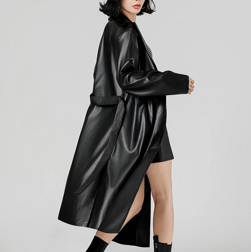Women's Streetwear Windbreaker Black Tie Up Pu Leather Jackets For Women Fall Winter Windproof Anoraks Trench Coat For Women
