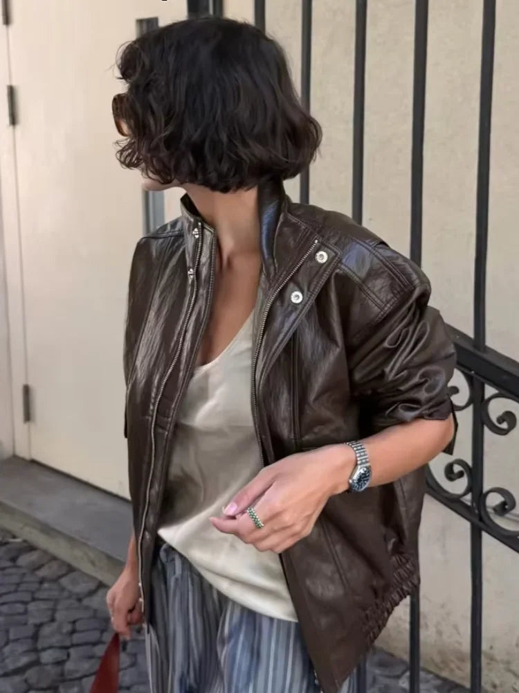 Women Vintage Dark Brown Leather Jacket Casual Stand Collar Zip Up Pocket Long Sleeve Loose Outerwear Street Wear Winter Jackets