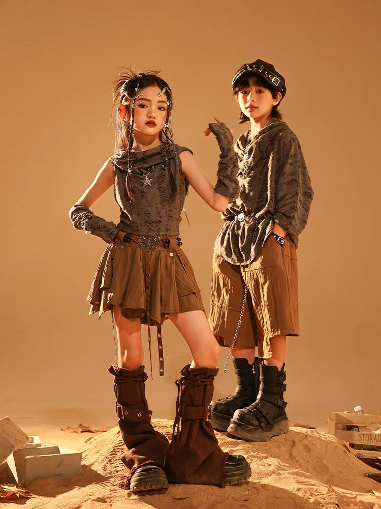Boys Wasteland Street Dance Knitted Tank Top Skirt Girls Hip Hop Hoodies Clothes Sets Kids Jazz Costume Children Punk Streetwear