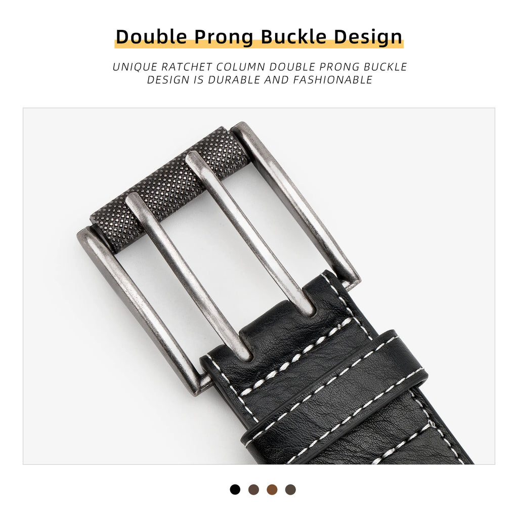 Men Classic Double Prong Belt Fashion Casual Heavy Duty Work Faux Leather Belts For Jeans Pants