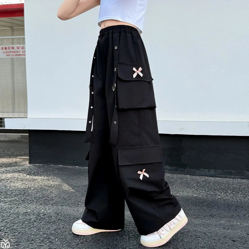 Kids Cargo Pants with Side Pocket for Tweens Girl High Fashion Hip Hop Bow Trousers Child Street  Pink Black Trackpants Hot Sell