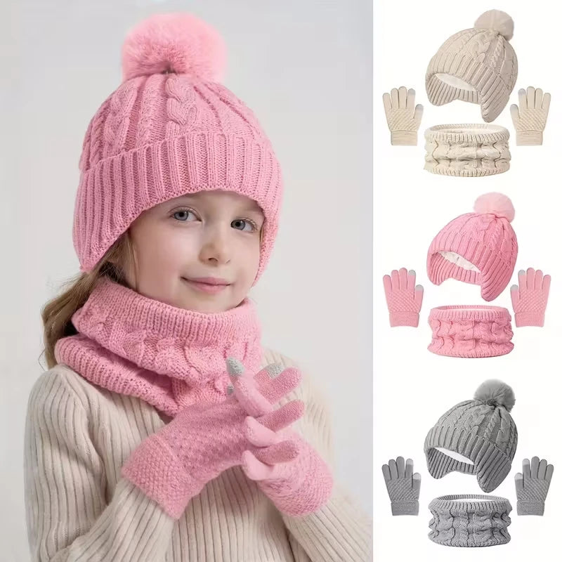 3Pcs/set Children Hat Scarf Gloves Winter Plush Velvet Knitted Hats for Girls Boys Cute Pompom Beanie Kids Warmer Accessories