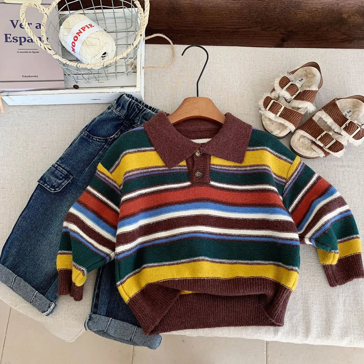 Children's Sweater Autumn Boys' and Girls' Korean Version Collar Striped Knitted Sweater Rainbow Top Trendy Kids Clothes
