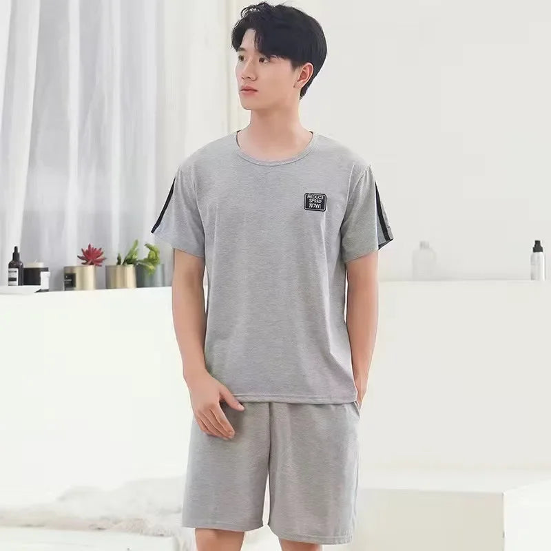 Men Pajama Set Cotton Short Sleeve Shorts Casual Striped Nightwear Loungewear Two-Piece Set Plus Size Summer Man Sleepwear