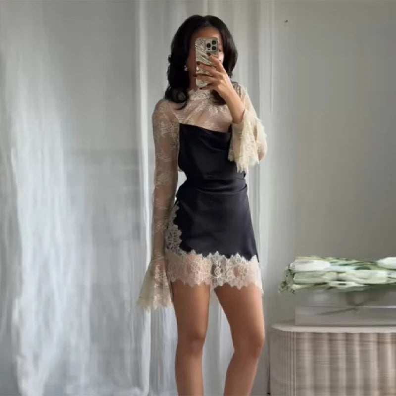 Elegant Fashionable Short Dress Lace Stitching Trendy Stylish Party Dresses Modest Dignified Sweet France Romantic Women Outfit