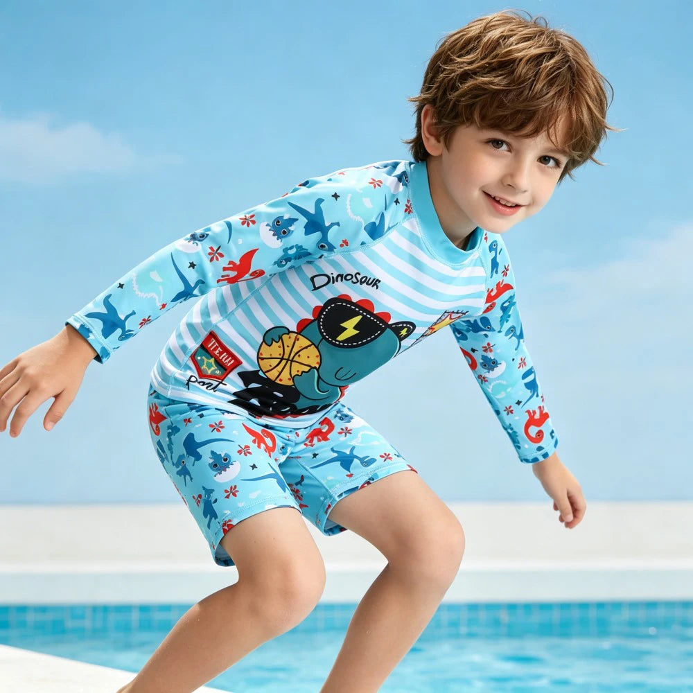Kids Long Sleeve Swimwear Set 2Pcs Boys Girls Cartoon Swimsuit UV Protection Beachwear for Children Toddler Bathing Suit