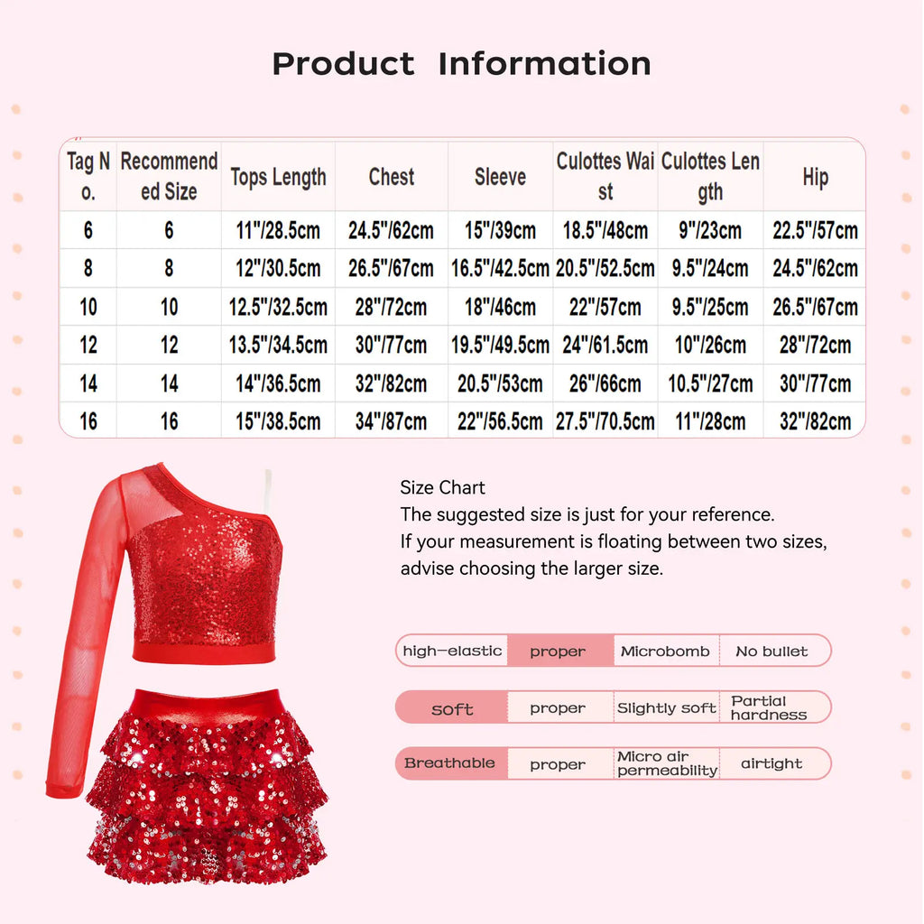 Kids Girls Dance Dresses Latin Jazz Modern Dance Show Costume Sequin Long Sleeve Crop Tops and Skirted Culottes Cheer Dancewear