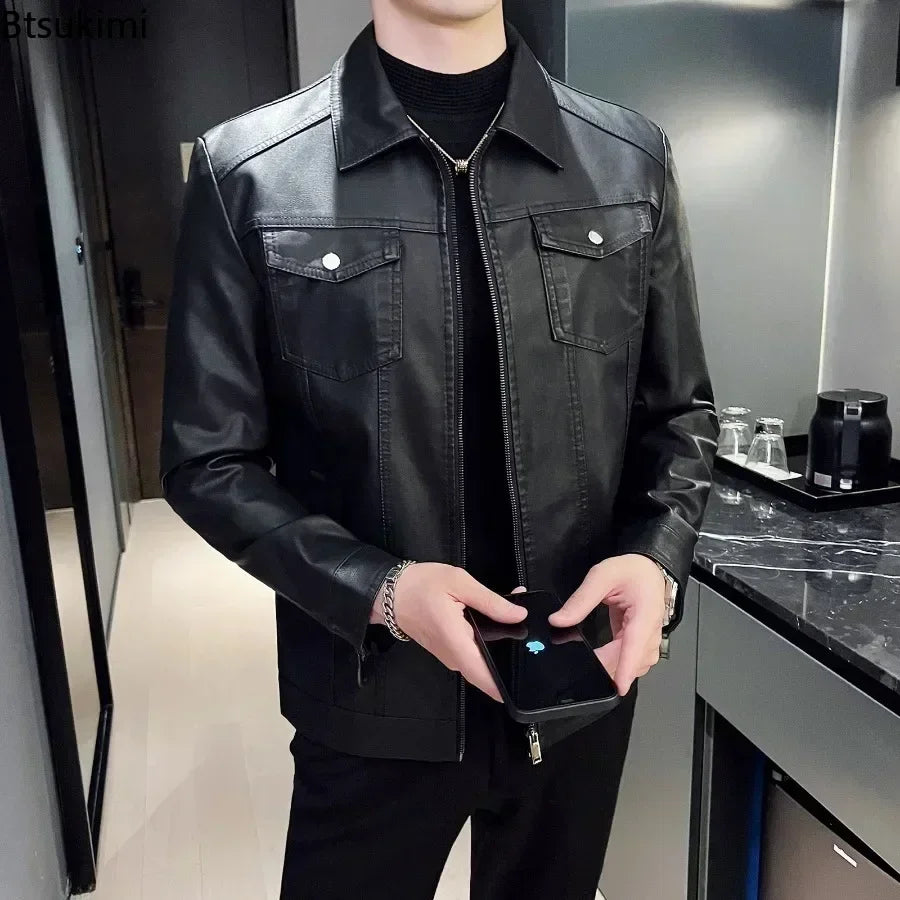 New Men's Leather Jackets Motorcycle Coats High Quality Slim Business PU Leather Tops Fashion Black Plush Warm Clothing for Men