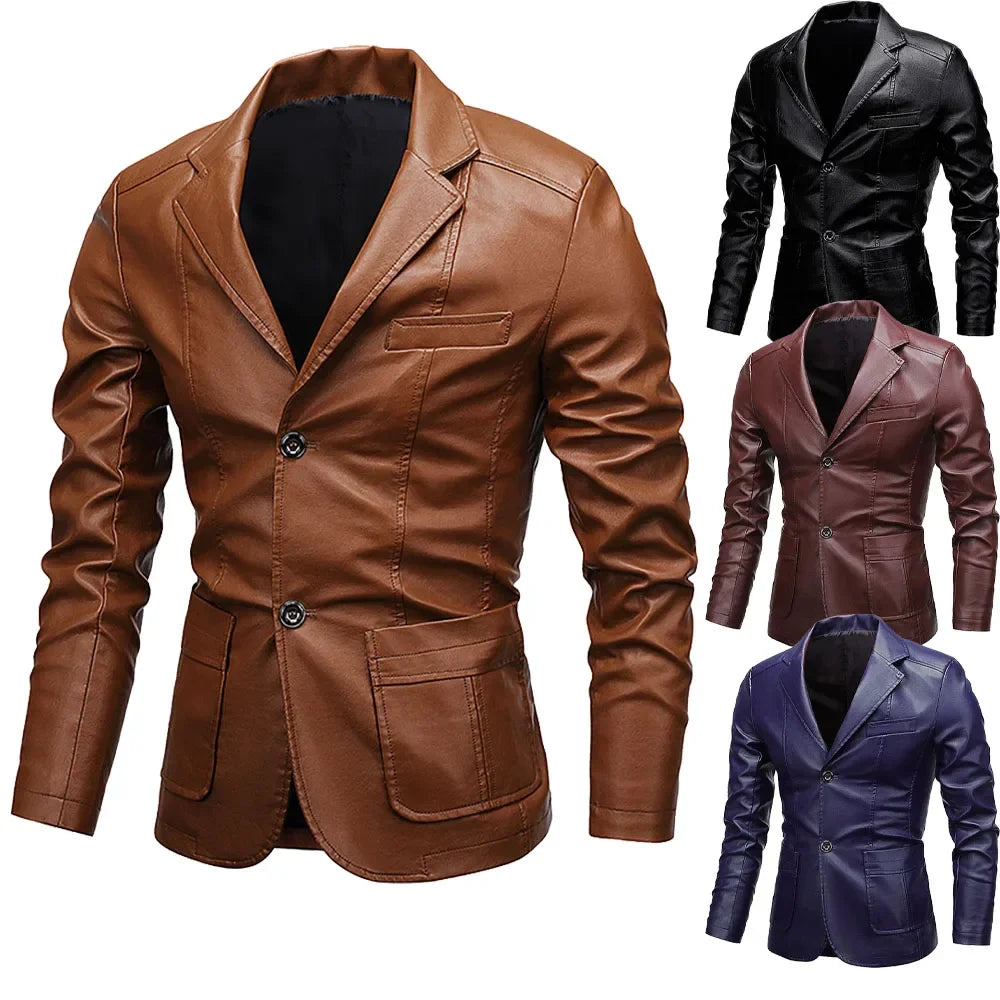 Men's Vintage Washed Leather Jacket Single Breasted Leather Blazer Coat Motorcycle Style Biker Jacket Casual Business Outerwear