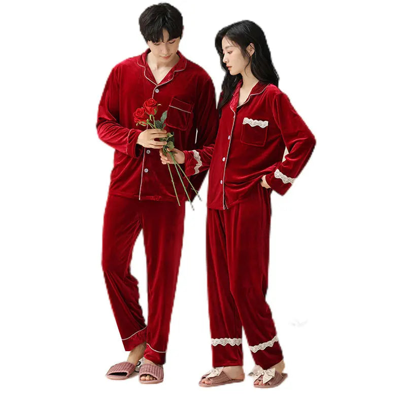New Couple Pajamas for Women Spring Autumn Winter Gold Velvet Red Bridal Wedding Home Suit Set for Men and Women Set