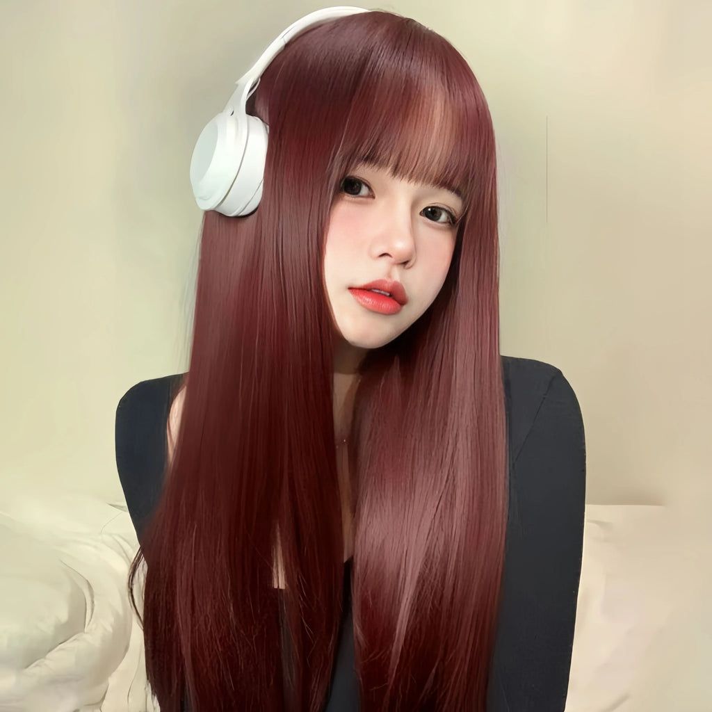Wig female wine red long straight hair comic fringe temperament repair face synthetic fiber high temperature silk wig head cover