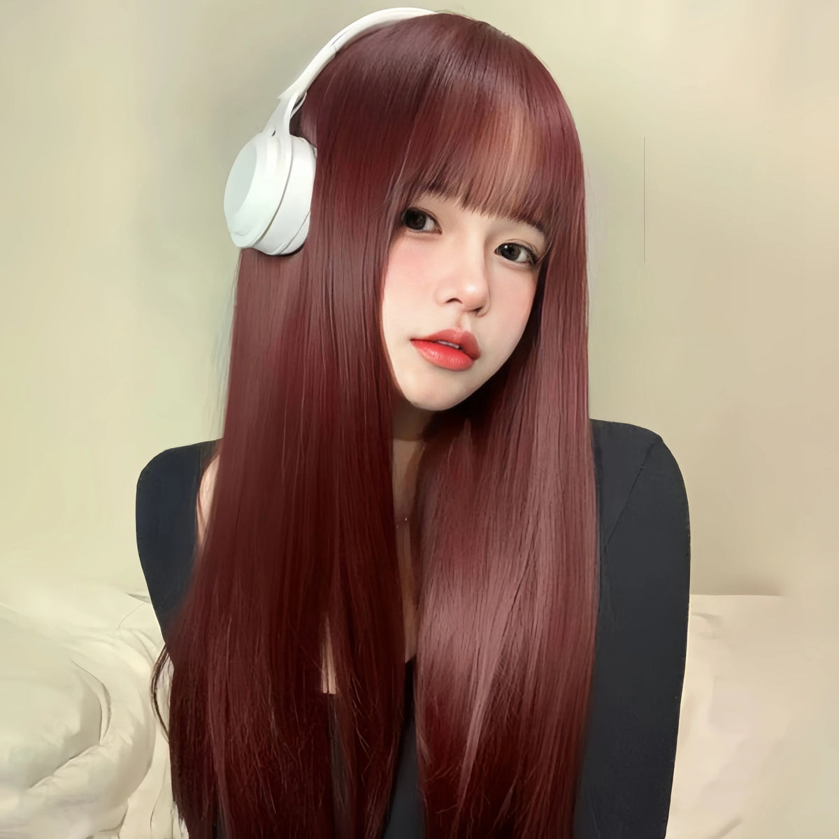Wig female wine red long straight hair comic fringe temperament repair face synthetic fiber high temperature silk wig head cover