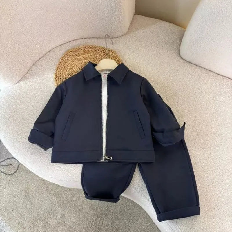 Children's Jacket Set Spring and Autumn Boys' and Baby's Casual Breathable Collar Coat+Pants 2-piece Set
