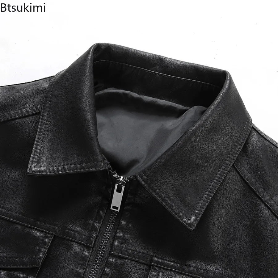 New Men's Leather Jackets Motorcycle Coats High Quality Slim Business PU Leather Tops Fashion Black Plush Warm Clothing for Men