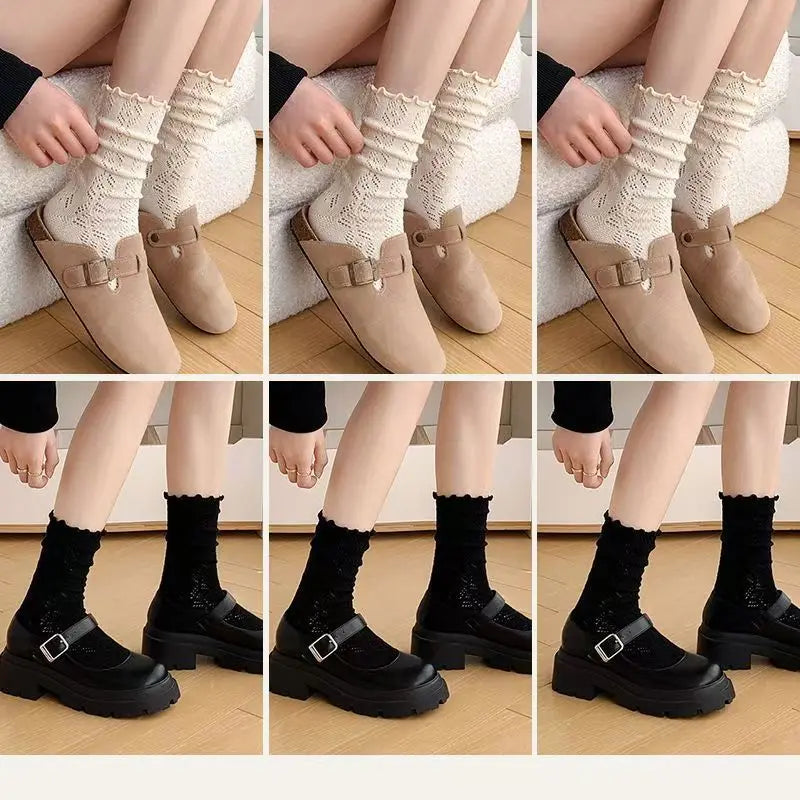 6 Pairs/lot Women's Mid-Tube Socks Hollow-Out Mesh with Flounce Trim Breathable Slouch Trendy and Versatile for Instagram Style