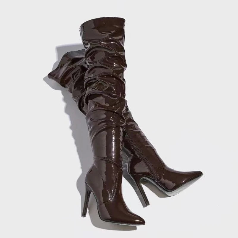 Women's Boots Over The Knee Shiny Pleated High Heel Boots Side Zip Womens Pumps Pointed Toe Stiletto Women Shoes Patent Leather