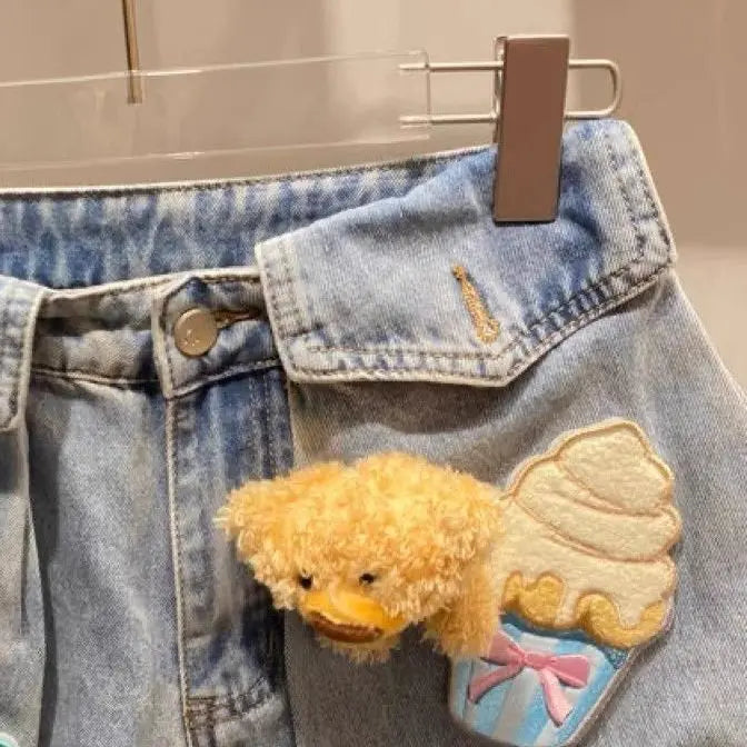 Nicemix 3D Teddy Bear Patch Design Slim Fit Denim Shorts for Women Summer New Stylish High Waist Loose Casual Jeans for Women