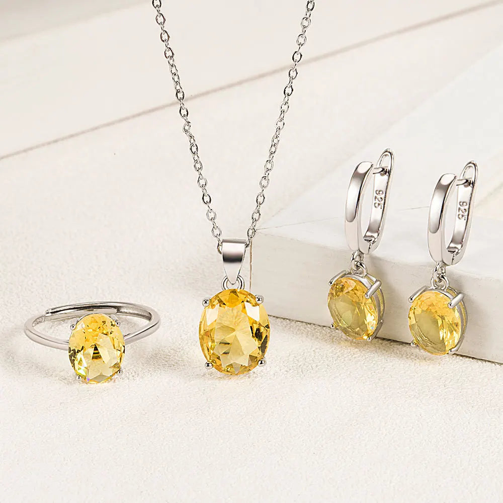 925 Sterling Silver Jewelry Sets For Women Ellipse Zircon Ring Necklace Earrings Luxury Accessories Offers