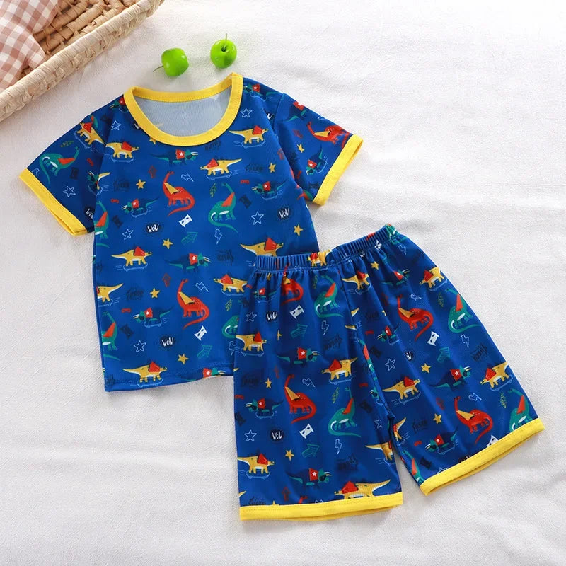 2024 New Boys Girls Summer Thin Clothing Sets Kids Cute Cartoon Print Short Sleeve T-Shirt Tops with Shorts Toddler Baby Pajamas