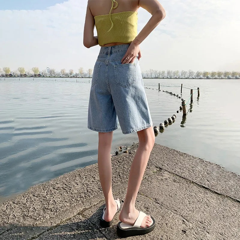 FINEWORDS Summer Vintage High Waist Bermuda Shorts Jeans Women Korean Casual Wide Leg Denim Shorts Streetwear Loose Middle Short