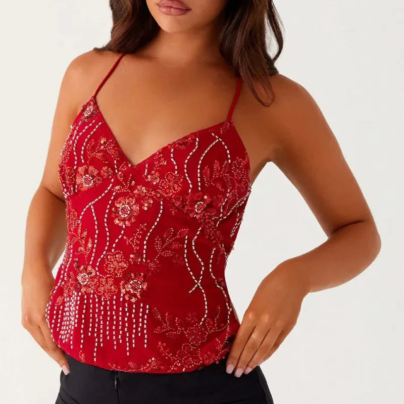 2025 Sequin Beaded Cami Mini Dress Sexy Front V Neckline Sleeveless Short Dresses for Women Backless Criss Cross Straps Dress