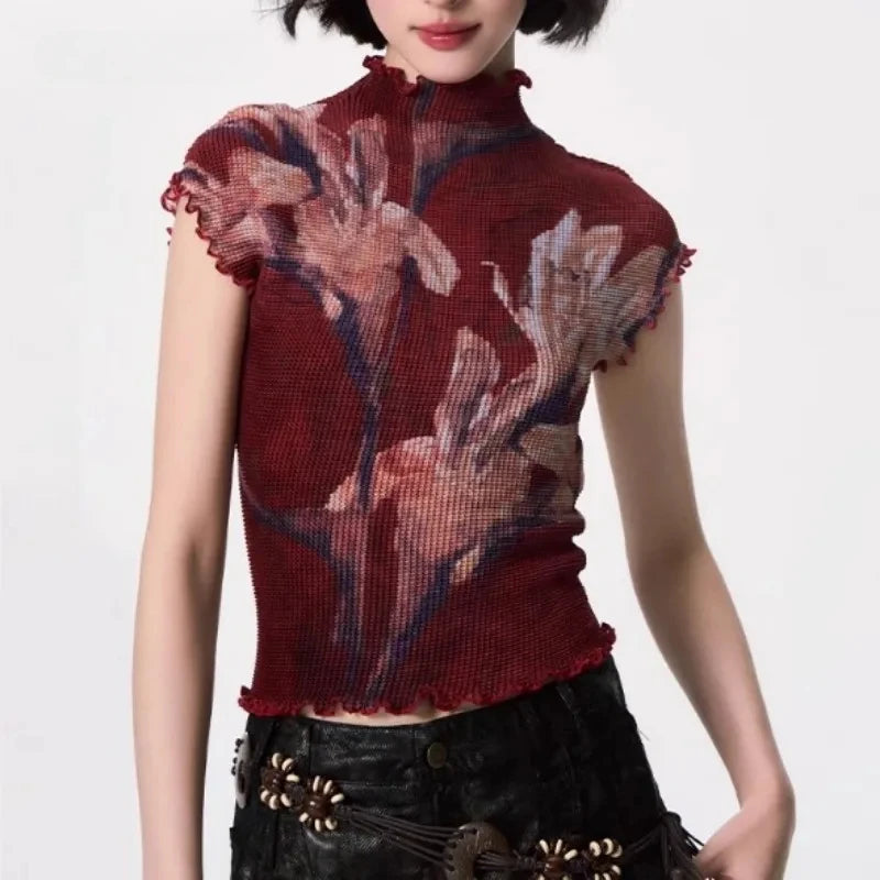 Summer Y2k 2000s Retro Pattern Print Womens T-shirts Half High Neck High Elastic Slim Fit Thin Casual Korean Daily Blouse Tops
