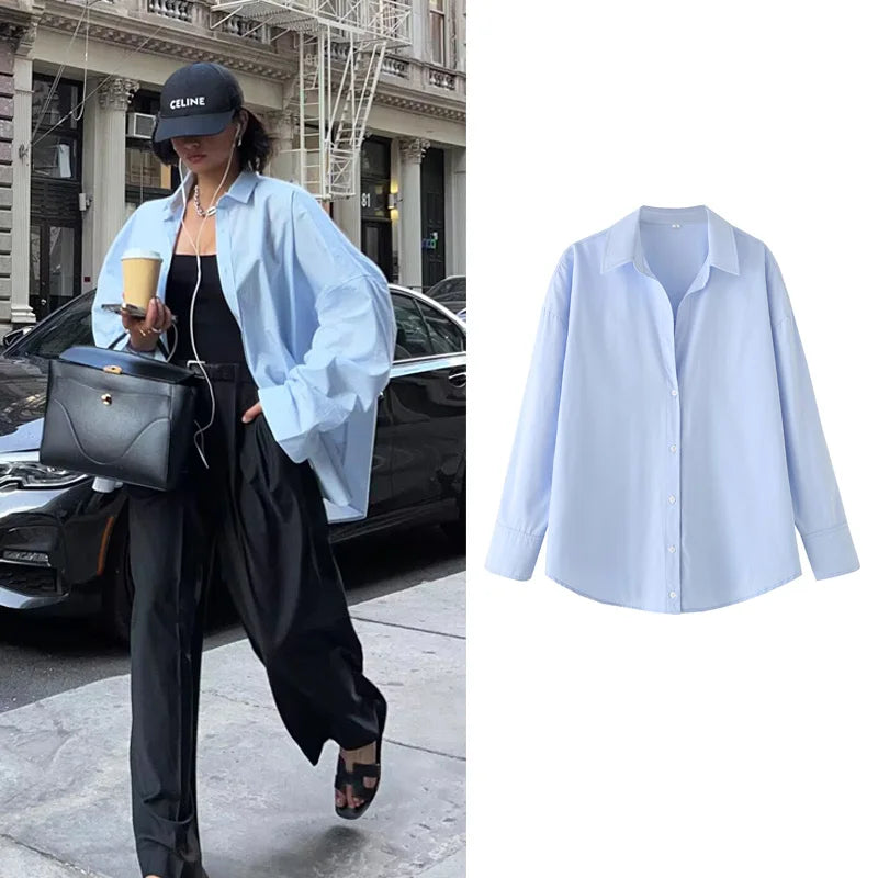 HXAO Elegant Blue Shirts & Blouses 2025 Women's Spring Long Sleeve Large Size Tops Fashion Casual Office Loose Tops For Female